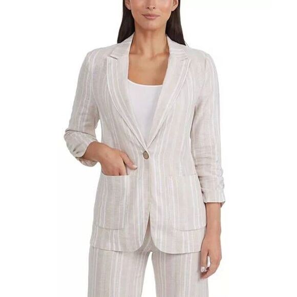 Ellen Tracy Striped Lagenlook Linen Viscose One Button Blazer Sz L - Picture 1 of 8